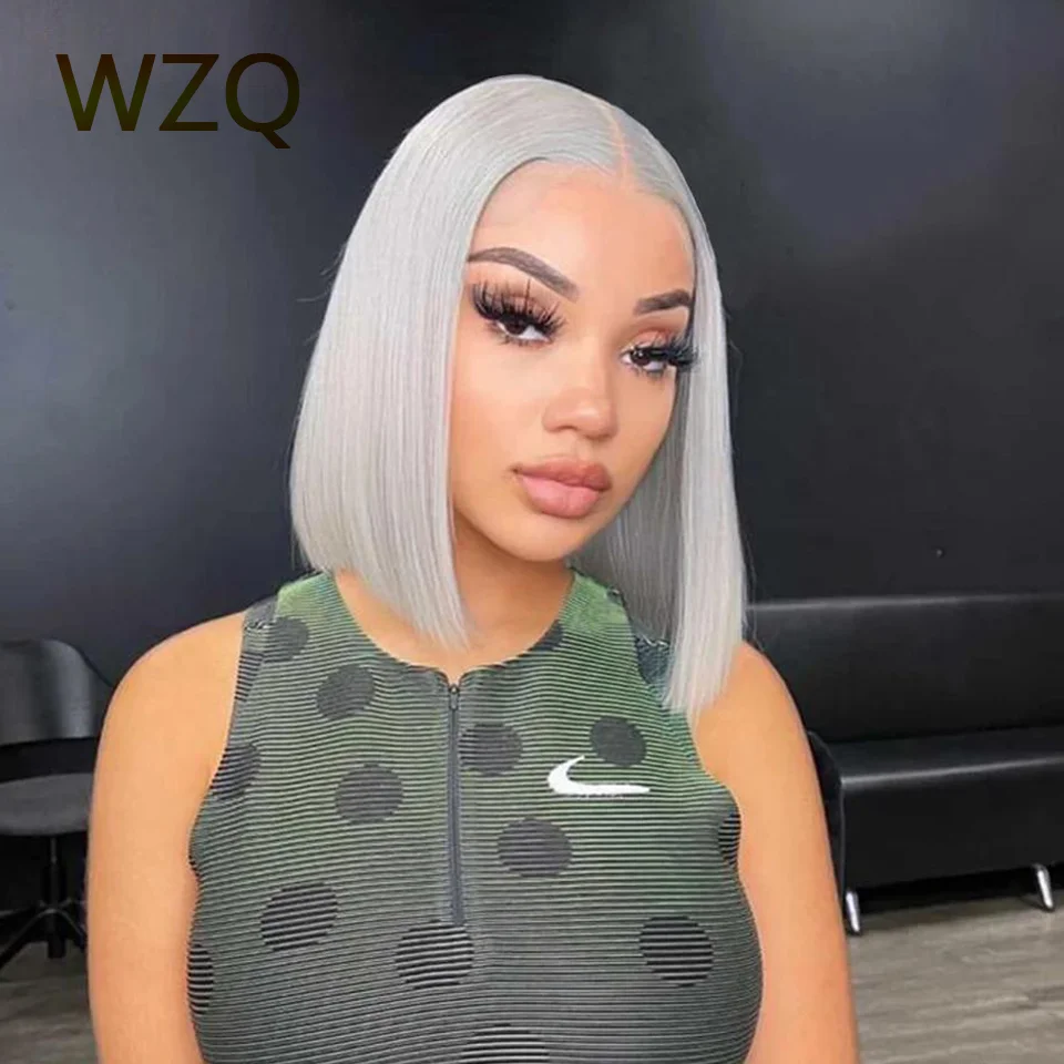

13x4 Lace Front Wigs Human Hair Straight Gray Remy Lace Frontal Wig For Women Grey Silver Colored Short Bob Wig Transparent