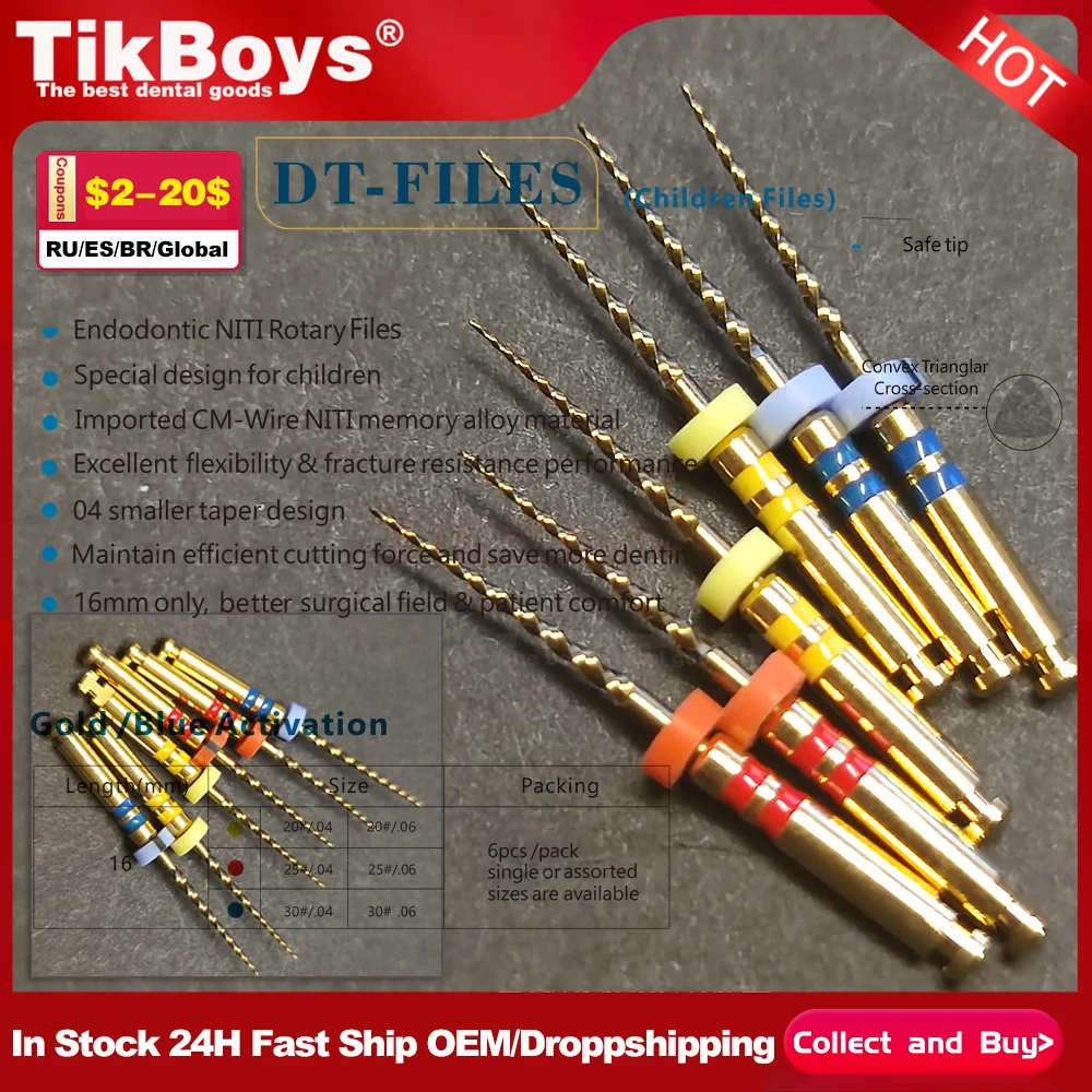 6Pcs/Pack Dental Baby NITI Rotary Files Pediatric Endodontic Rotary Engine Files Tip 16MM For Kids Root Canal 04/06taper 20#25#