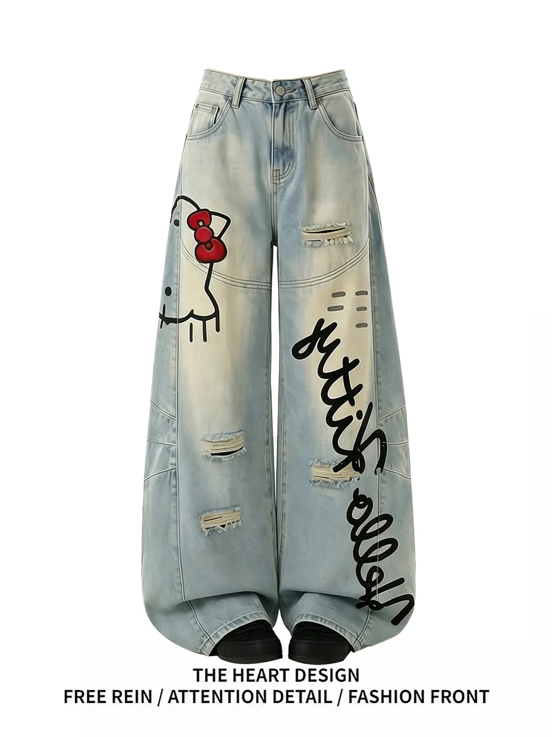 

Trendy Ripped Denim Jeans Women's Casual Graffiti Style Small Batch Design Sensation High Waist Wide Leg Blue Jeans