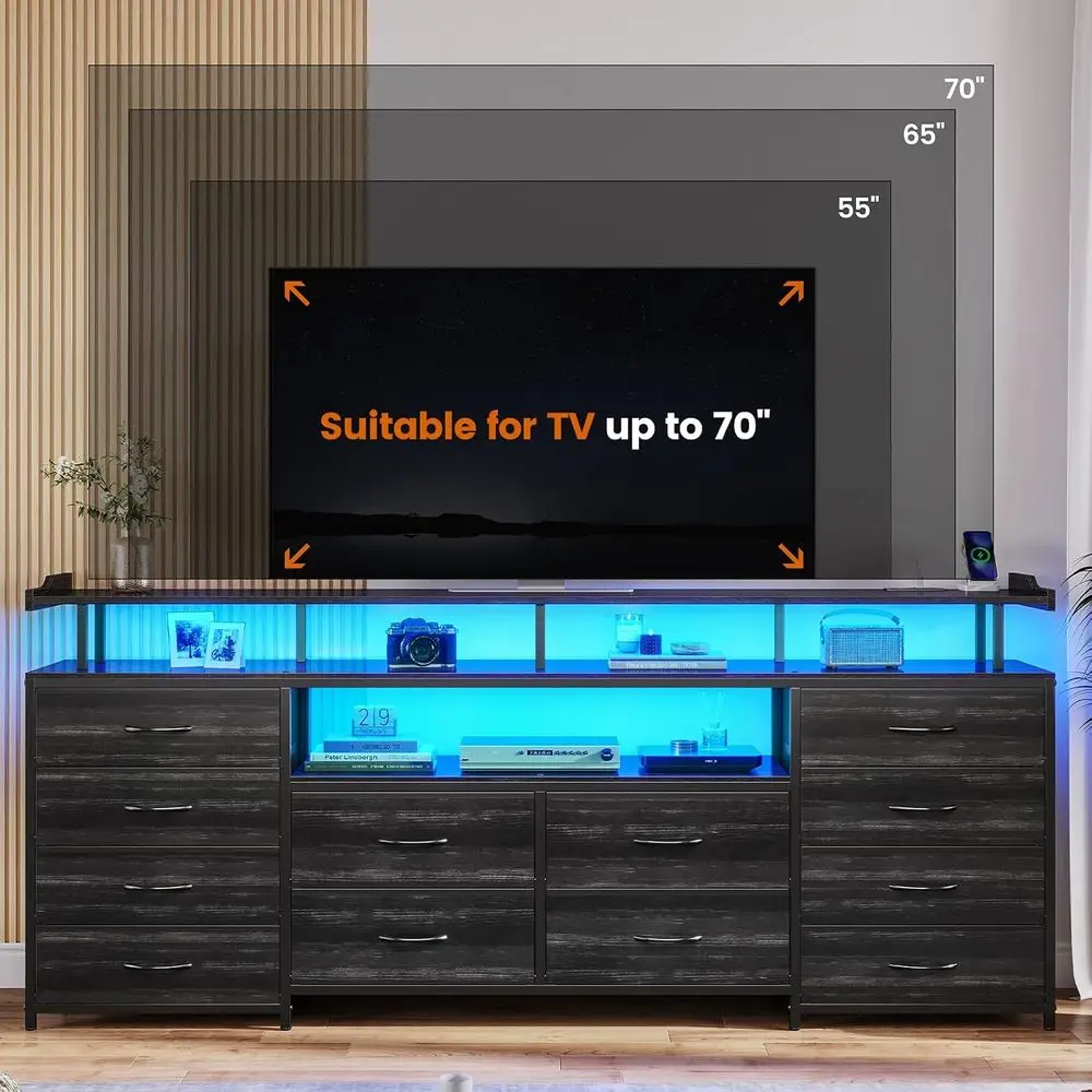 12 Ders TV Stand Drer or Bedroom or 55, 60, 70 inch TV | Black TV Stand, LED Lights, Power Outlets, Wide Chest o Ders with Open