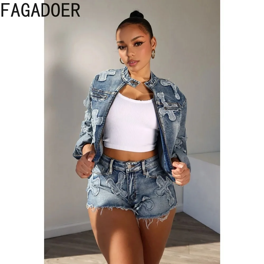 FAGADOER Fashion Denim Embroidery Shorts Two Piece Sets Women Zipper Long Sleeve Coat And Shorts Outfits Female Cowboy 2pcs Suit