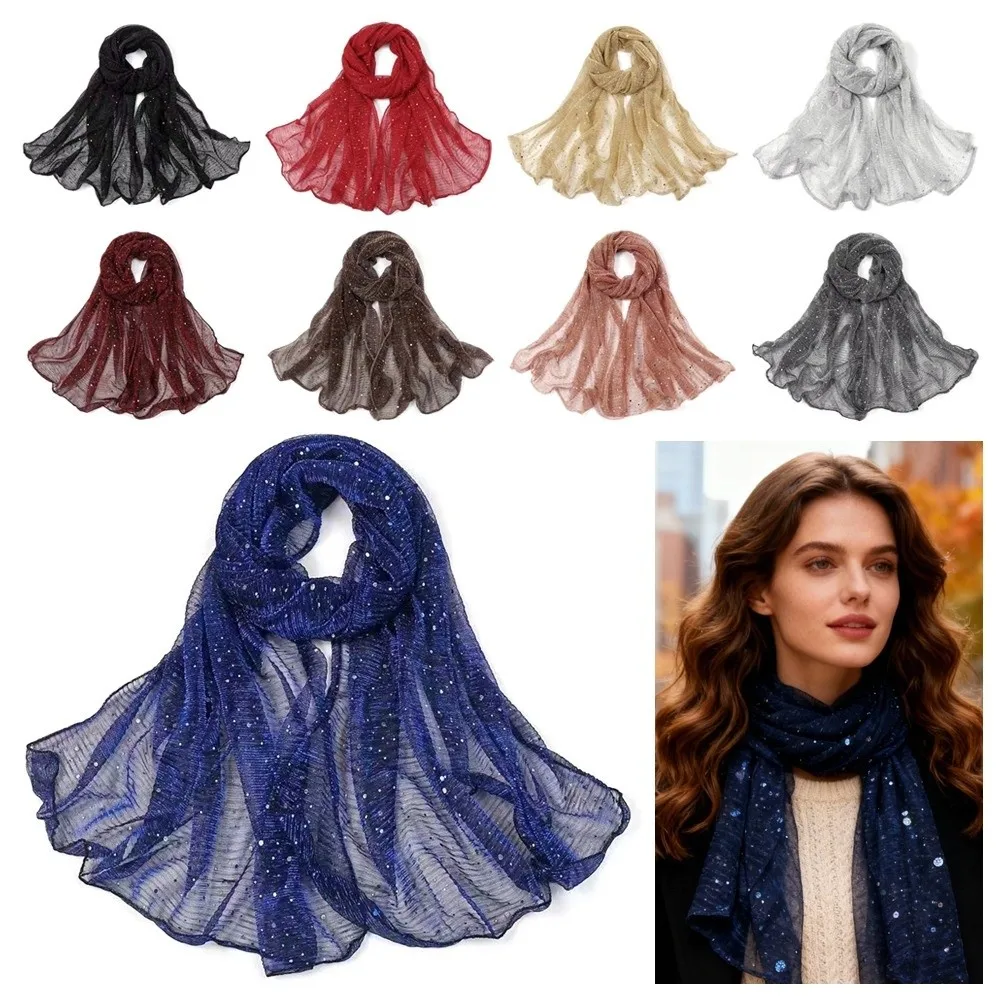 Elegant 155×70cm Sequin Scarf Breathable Twinkling Sequins Hijab Shawl Thin Transparent Lightweight Hijab for Women