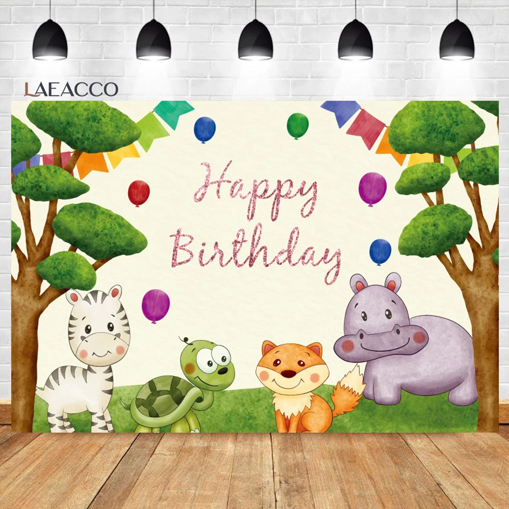 

Laeacco Cute Jungle Wild Animals Happy Birthday Backdrop Safari Party Baby Shower Portrait Customized Photography Background