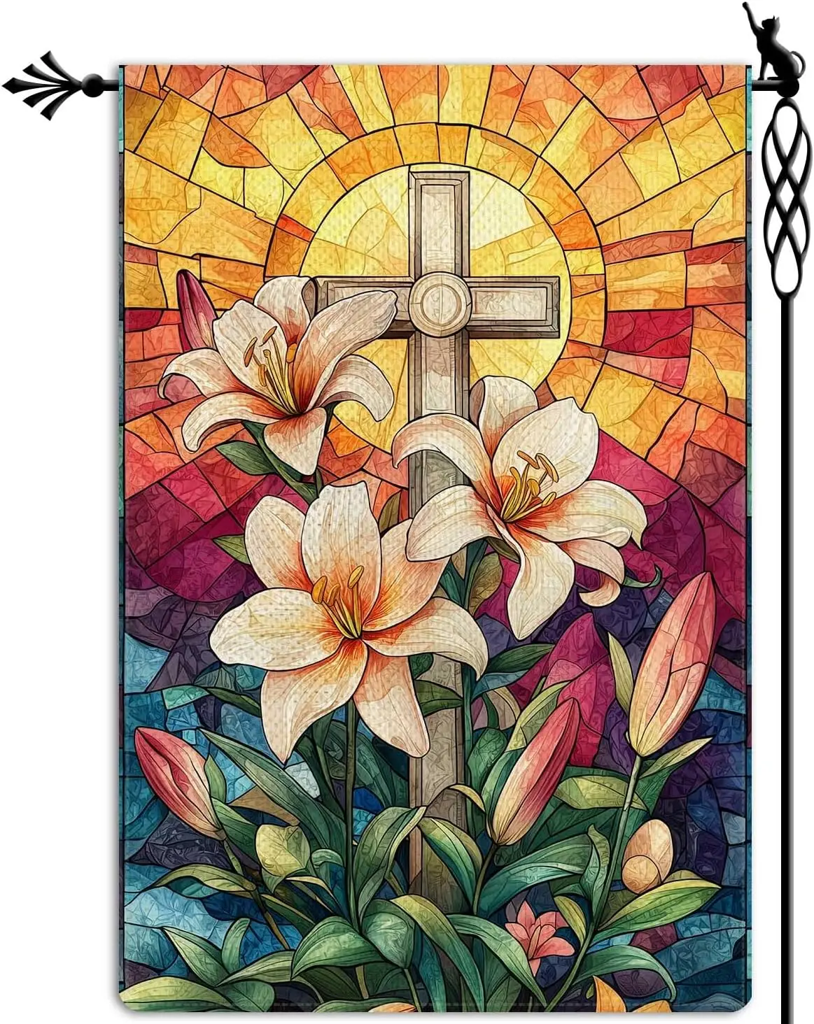 He is Risen Cross Garden Flag Stained Glass Style Spring Easter Garden Flag Lily Vertical Double Sided Rustic Farmland Burla yyi