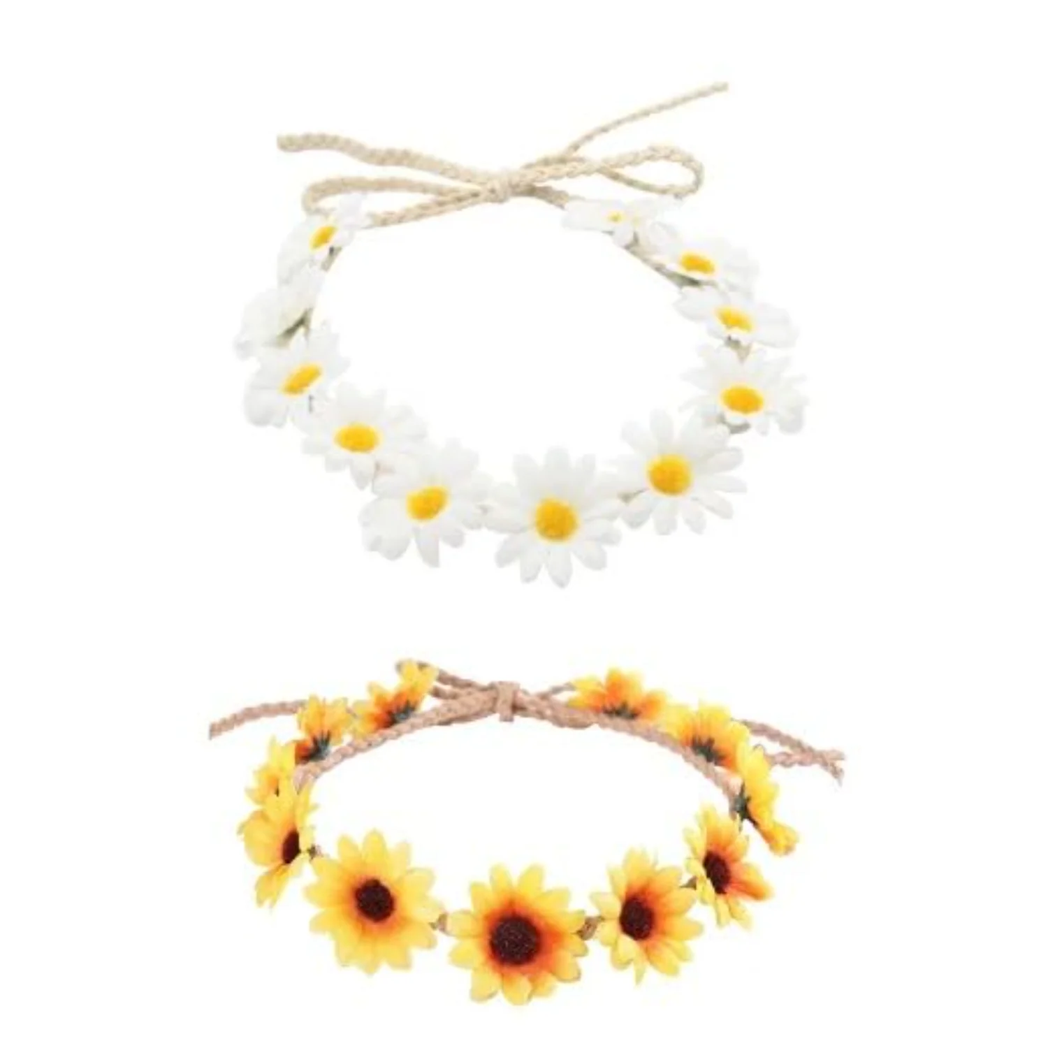 2Pcs Yellow+White Fashion Flower Headband Sunflower Hair Wreath Festival Hair Band Bridal Headpiece,Hair Accessories,Women's Fas