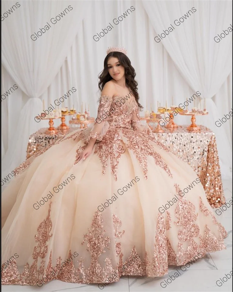 Mexico Rose Gold Sequin Quinceanera Dress 2024 Sweetheart Bead Plus Size Corset Prom Dress Ruffle