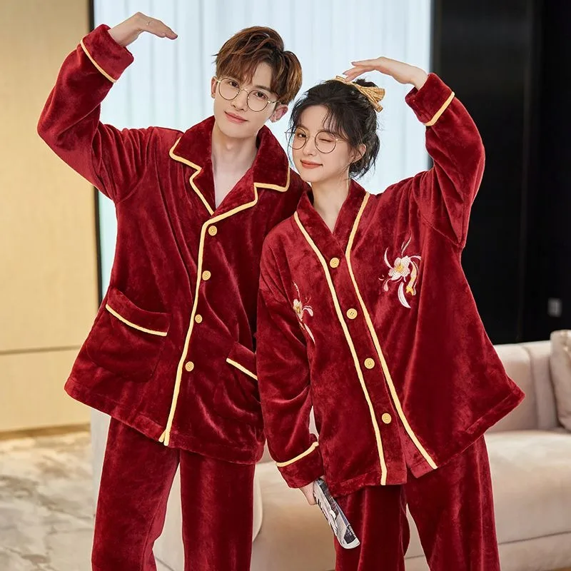 Couple Pajamas Flannel Autumn Winter Fleece-Lined Thicken Red Festive Nightgown Suit Women Simple Homewear Men Loose Sleepwear