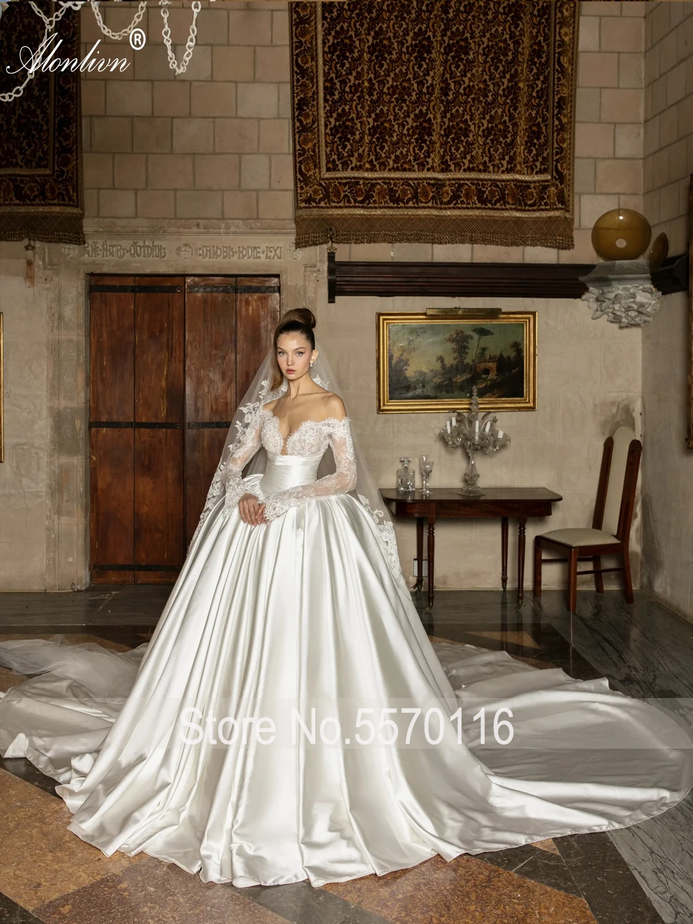Alonlivn فساتين زفاف فاخرة مصنوعة حسب الطلب من الساتان بأكمام طويلة مطرز بالخرز من الدانتيل قبالة الكتف فساتين زفاف الأميرة #3