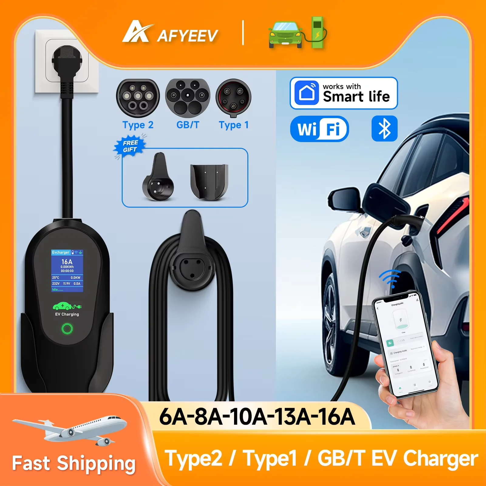 AFYEEV pengisi daya mobil elektrik, pengisi daya portabel 3600W tipe 2 IEC62196-2 EV tipe 1 SAE J1772, colokan EU, kontrol aplikasi Bluetooth WiFi