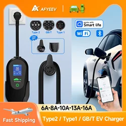 Afyeev 3600w portátil tipo 2 IEC62196-2 ev carregador type1 sae j1772 carregador de carro elétrico plugue da ue wifi bluetooth controle app