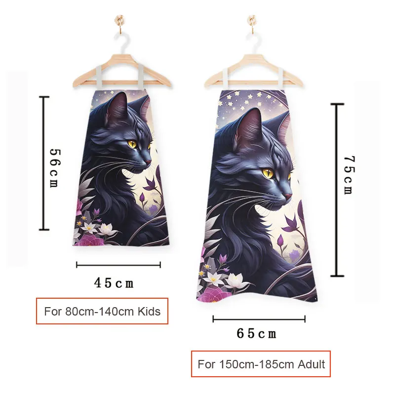 Mysterious Black Cat Print Kitchen Aprons Fantasy Pattern Children Bib Women Men Home Cleaning Clothing Tools Linen Pinafore