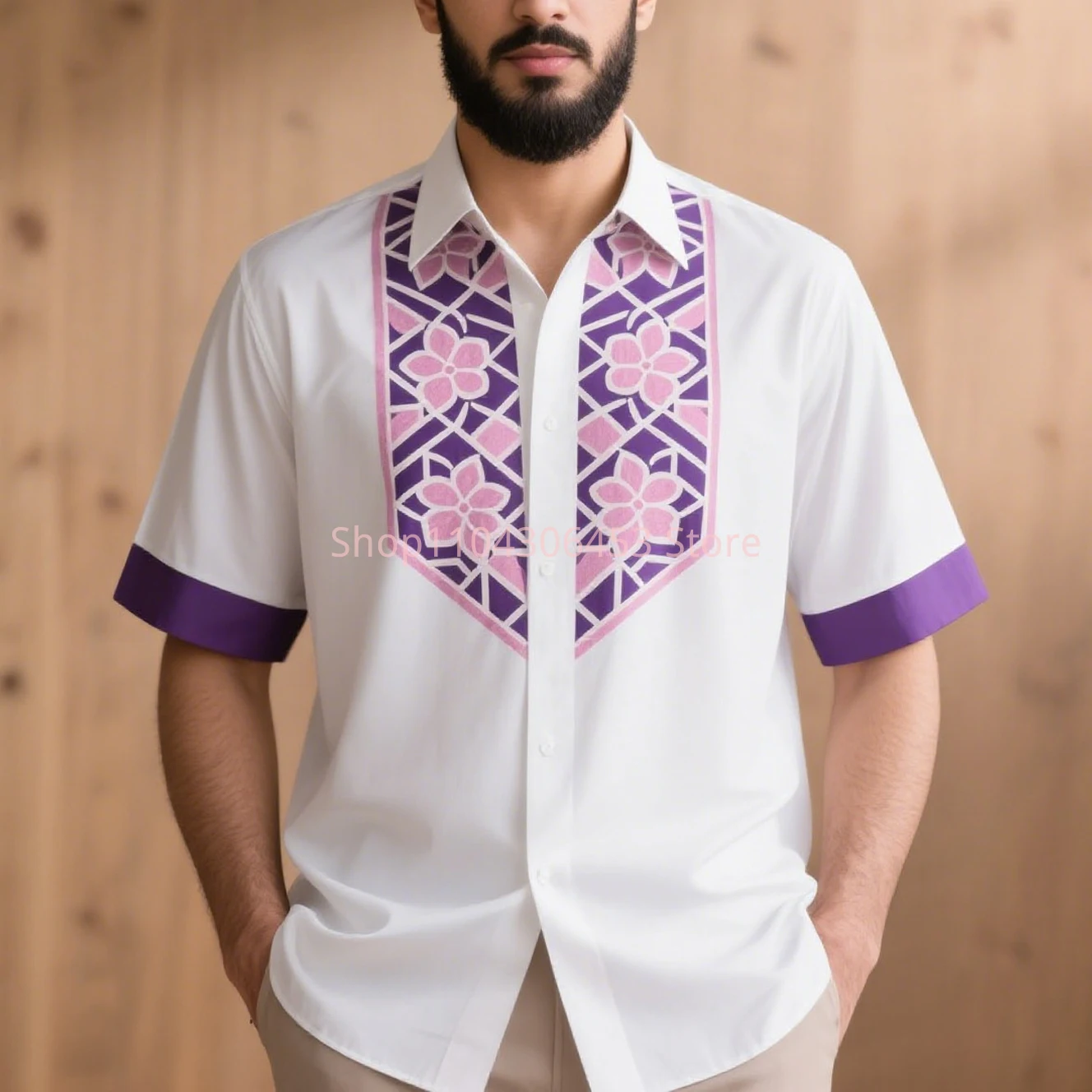 New Men Simple Retro Fashion Ethnic Pattern Printed Short-sleeved Lapel Shirt Light Breathable Light Color Business Casual Party