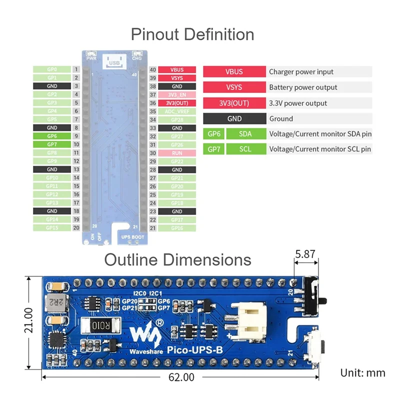 L72A-Waveshare UPS Module B For Raspberry Pi Pico Board, Uninterruptible Power Supply Monitoring Battery Via I2C Bus,Stackable D