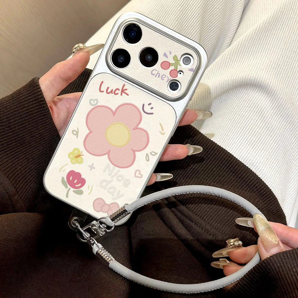 PU Leather Flower Phone Cases For iPhone 17 Pro Max Case IPhone 18 17 Pro Max 16 15 14 13 12 11 Soft Cover With Phone Lanyard