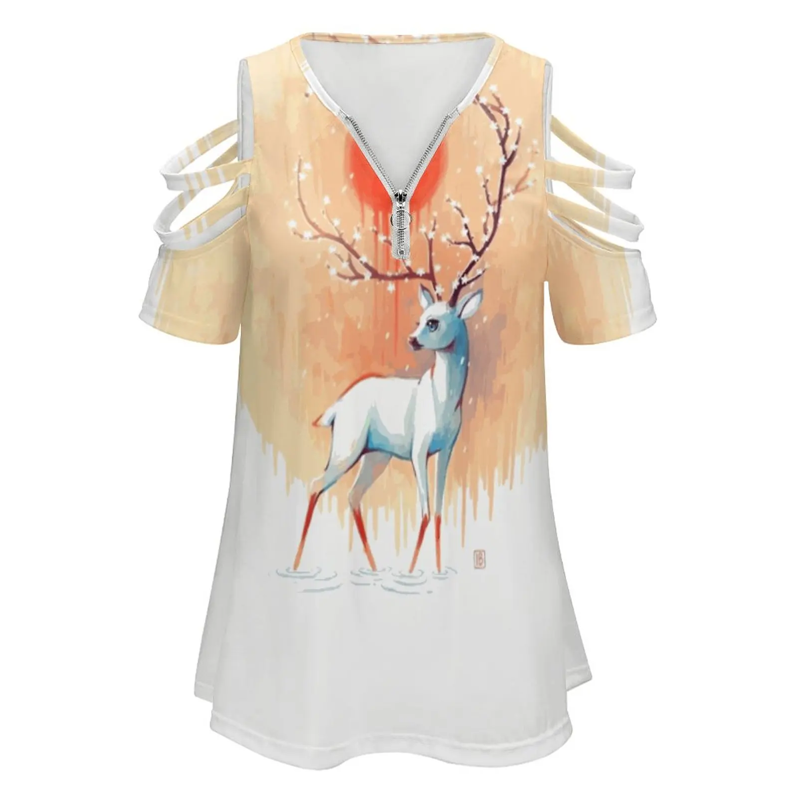 Spring Spirit Women T-Shirt Crewneck Casual Short Sleeve Tops Summer Tees Deer Stag Animal Wild Spring Season Warm Flowers