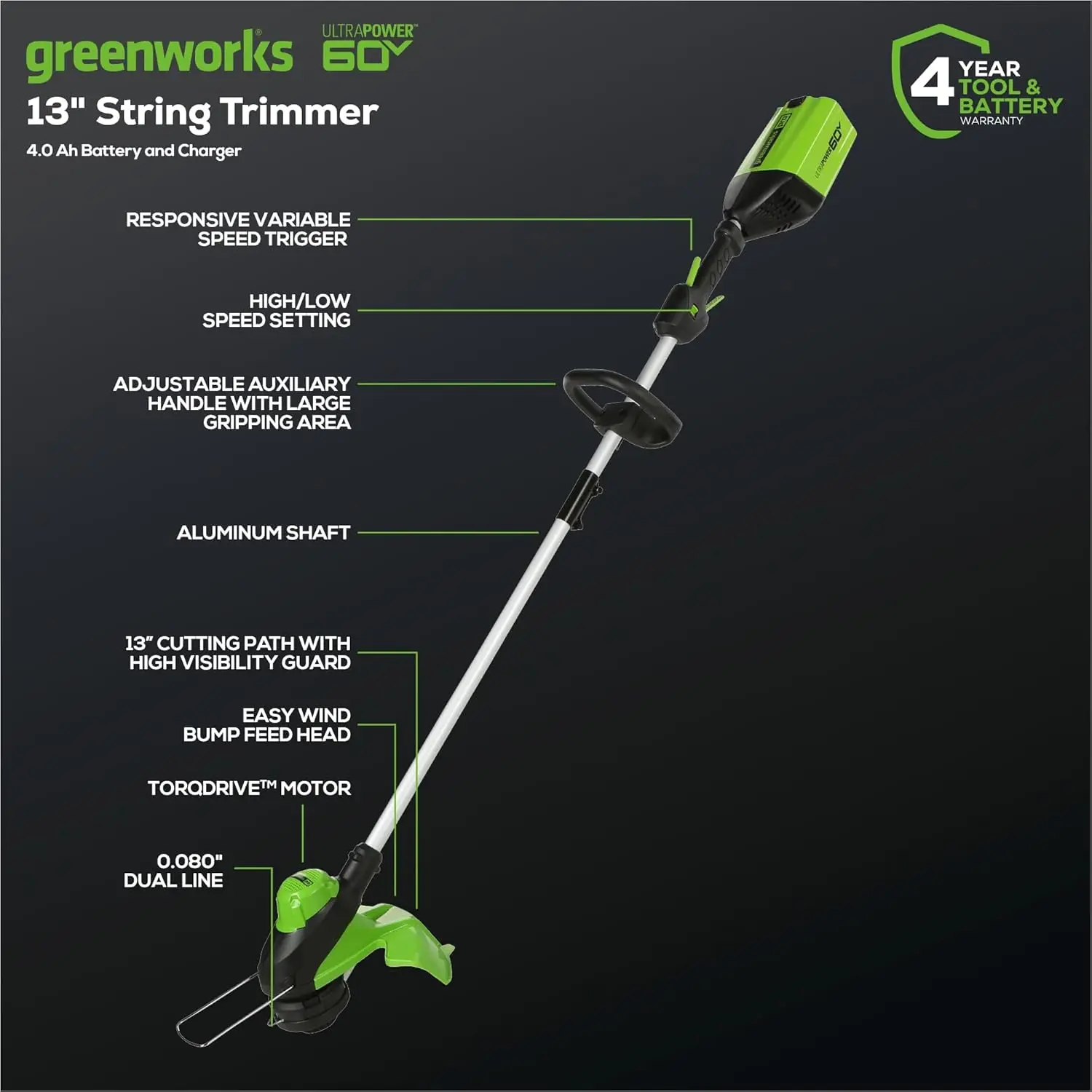 Greenworksコードレスストリングトリマー、リーフブロワーコンボキット、4.0 Ahバッテリーと充電器が含まれています、60v、13"