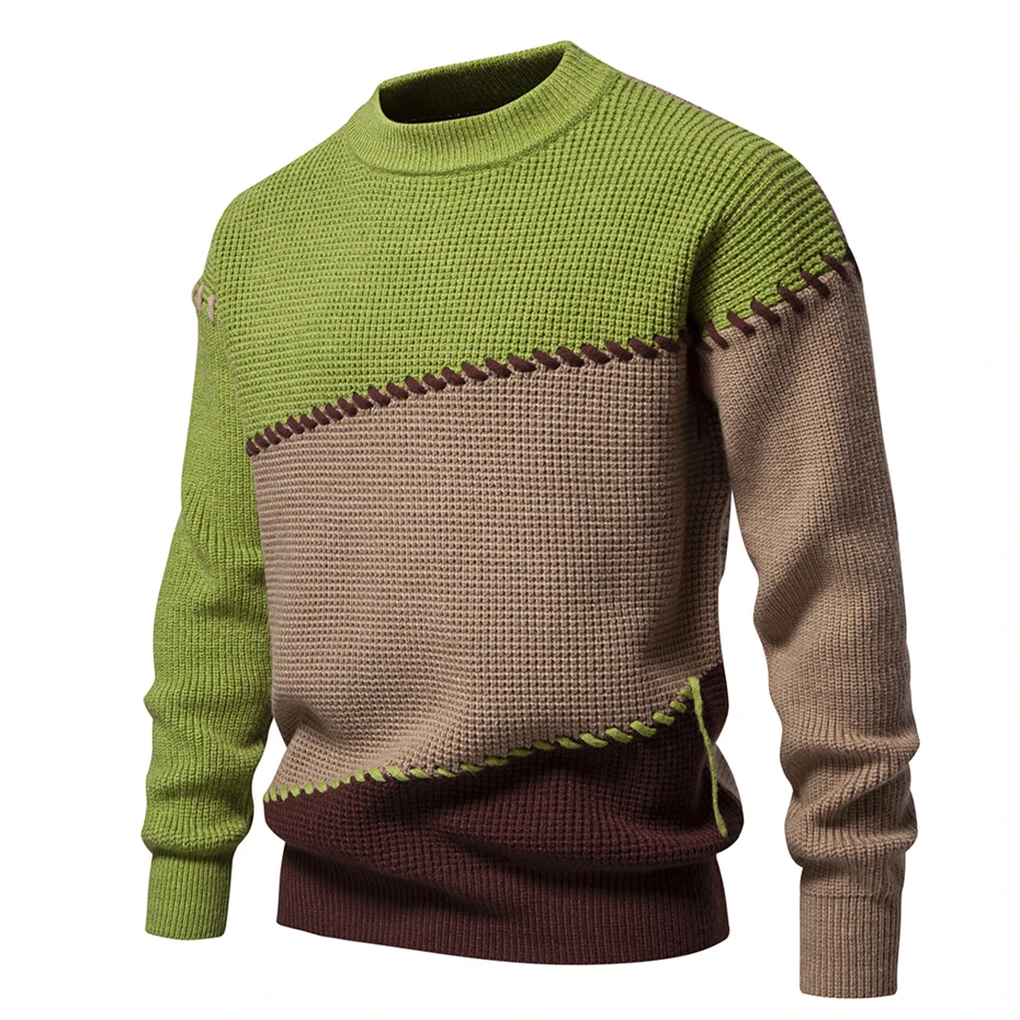 Maglione lavorato a maglia Patchwork uomo primavera autunno o-collo maglione lavorato a maglia moda Casual Pullover di colore a contrasto maglioni