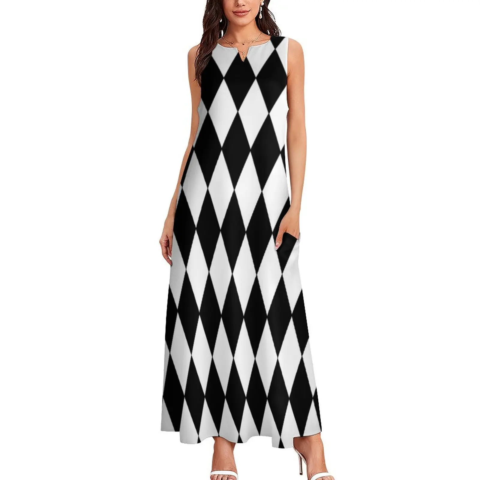 LARGE BLACK AND WHITE HARLEQUIN- DIAMOND- ARGYLE PATTERN DESIGNED FOR HOME DECOR AND CLOTHING Long Dress