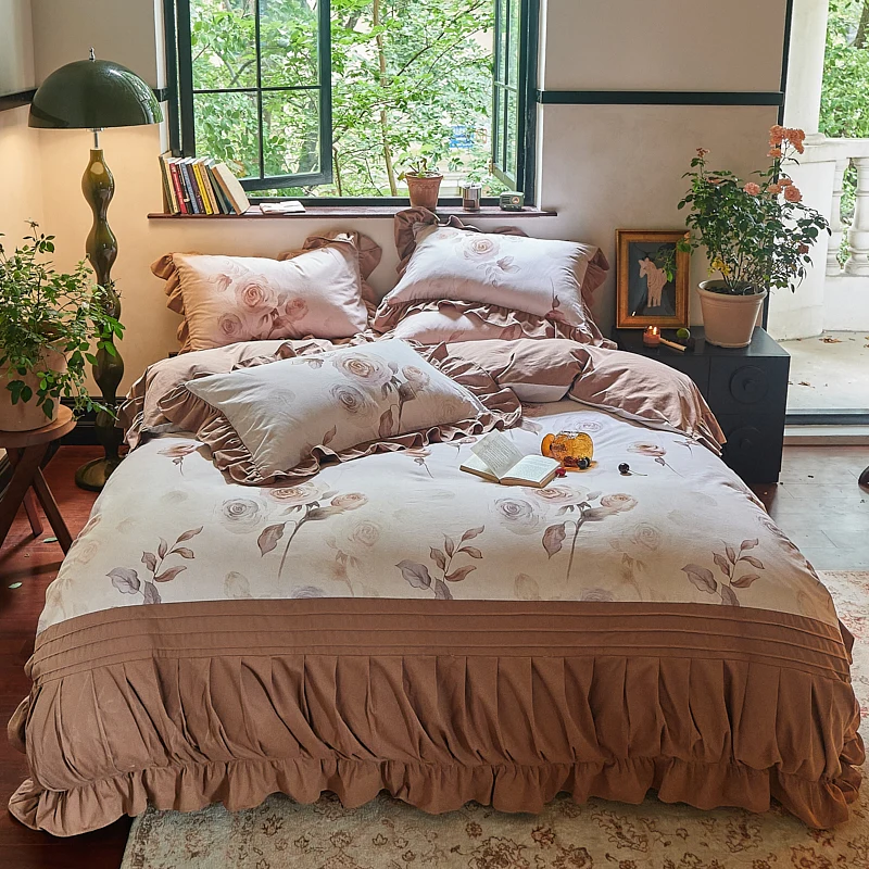 1000TC Egyptian Cotton Brushed Fabric Pleated Ruffles Rose Prints Bedding Set Duvet Cover Flat/Fitted Bed Sheet Pillowcases 4Pcs