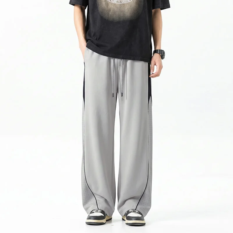 Men's Wide Leg Pants New Summer Fashion Color Block Ice Silk Breathable Mesh Design Loose Trousers Streetwear Sports Casual