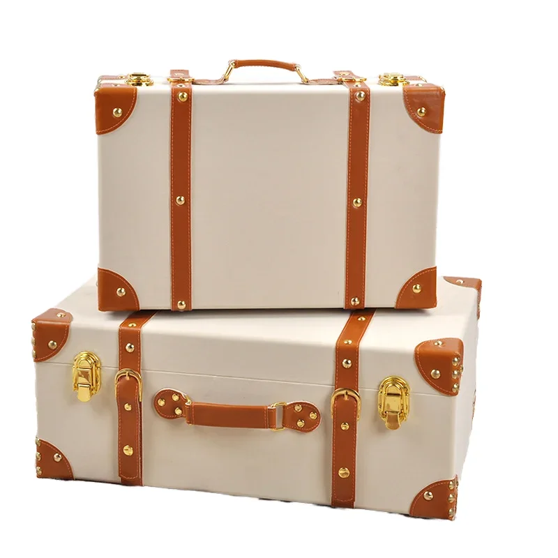 

European style wooden leather storage chest luggage with industrial design rectangular multifunctional wooden luggage handle