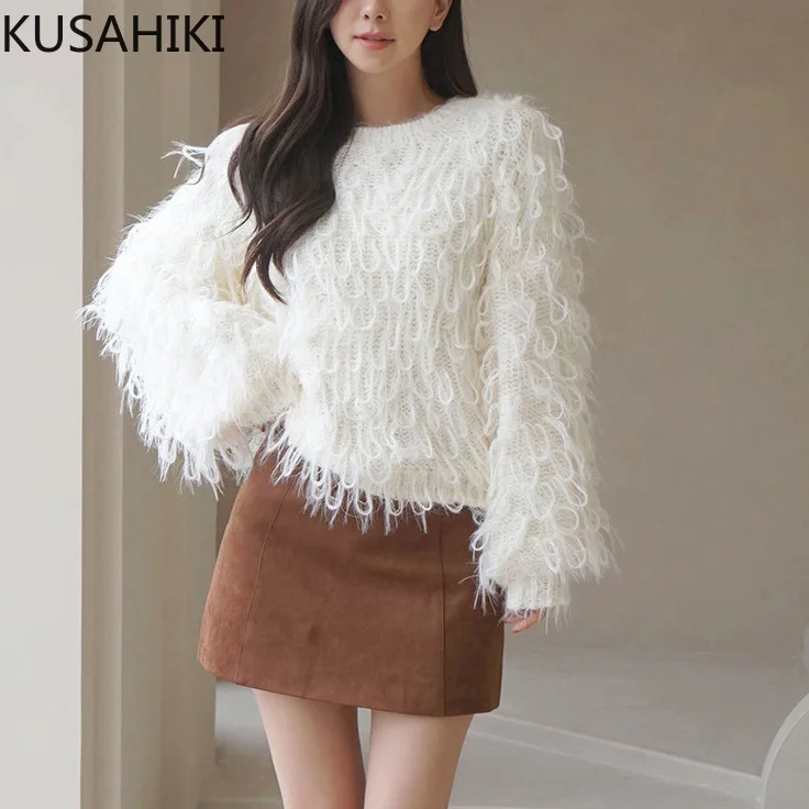 KUSAHIKI Autumn Winter Base Shirt Fashion Knitted Sweater Top Causal Short Tassel Pullover Knitwear