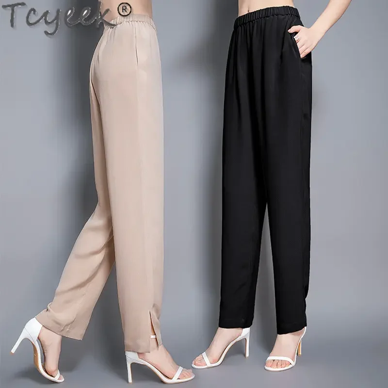 

Tcyeek Summer 95% Mulberry Silk Pants Women Korean Pants for Women Clothing Hight Waist Straight Trousers Pantalon Pour Femme