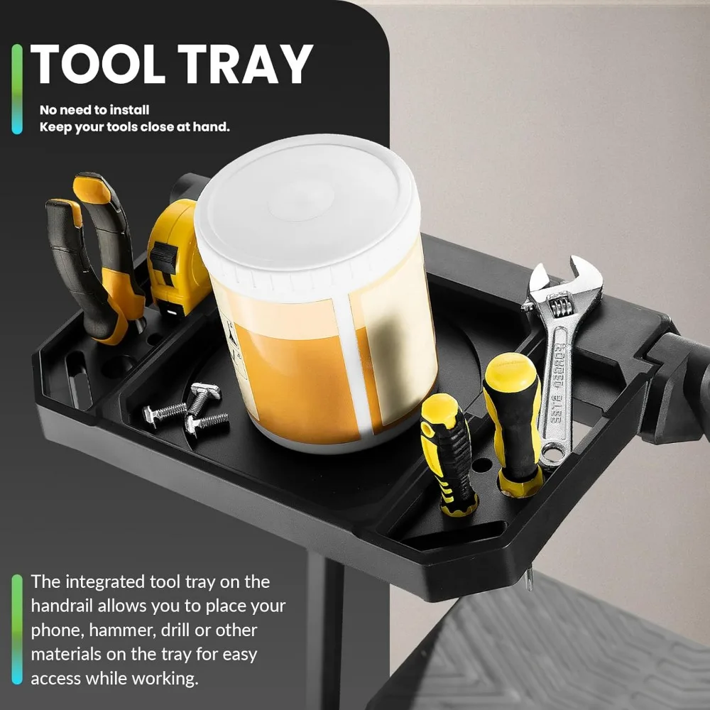 Escada dobrável com corrimão e bandeja de ferramentas, pedal largo antiderrapante, capacidade de 660 libras, construção de aço resistente para uso doméstico