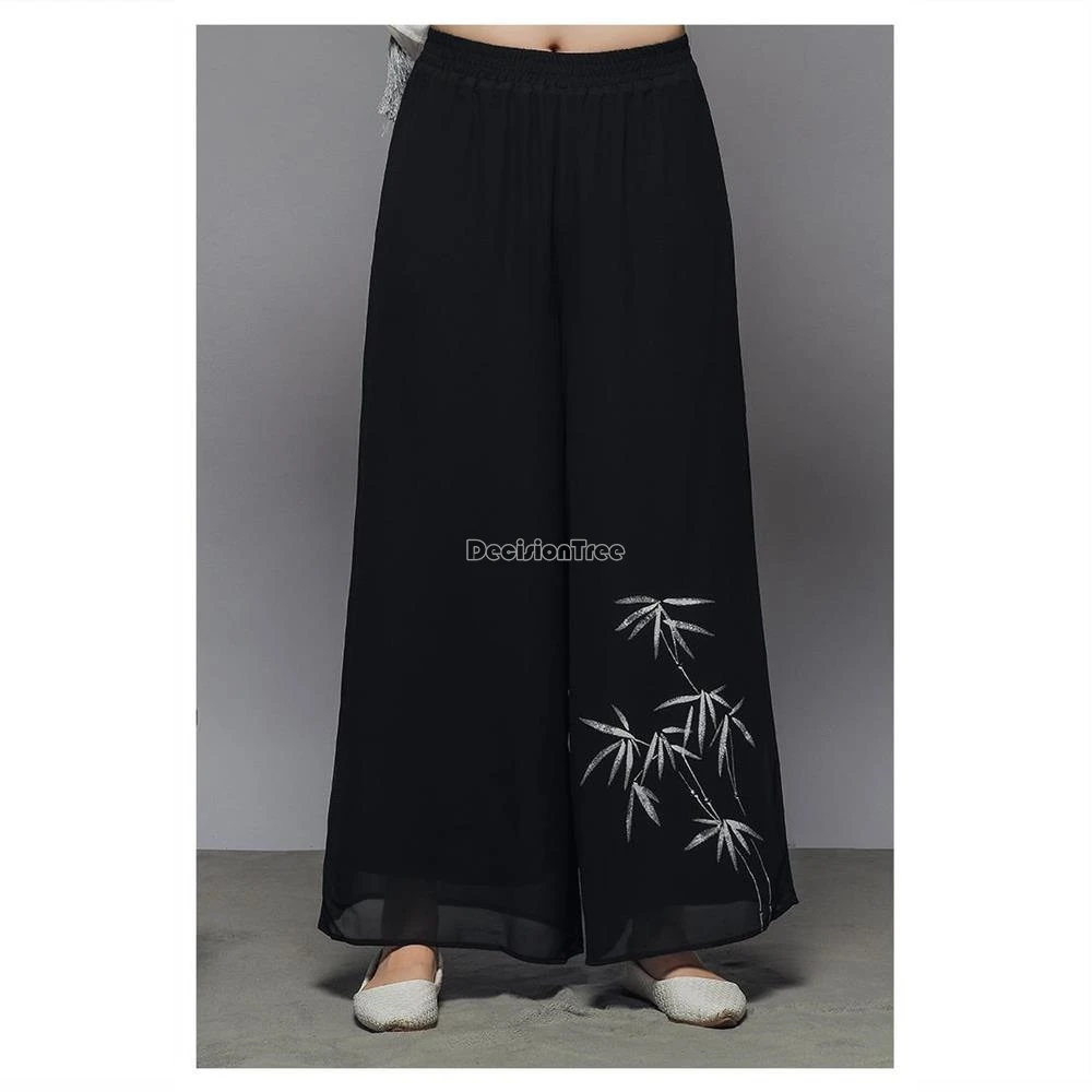 2024 chinese style double-layer chiffon wide leg pants summer retro ethnic style zen britches fairy leisure loose yoga trousers