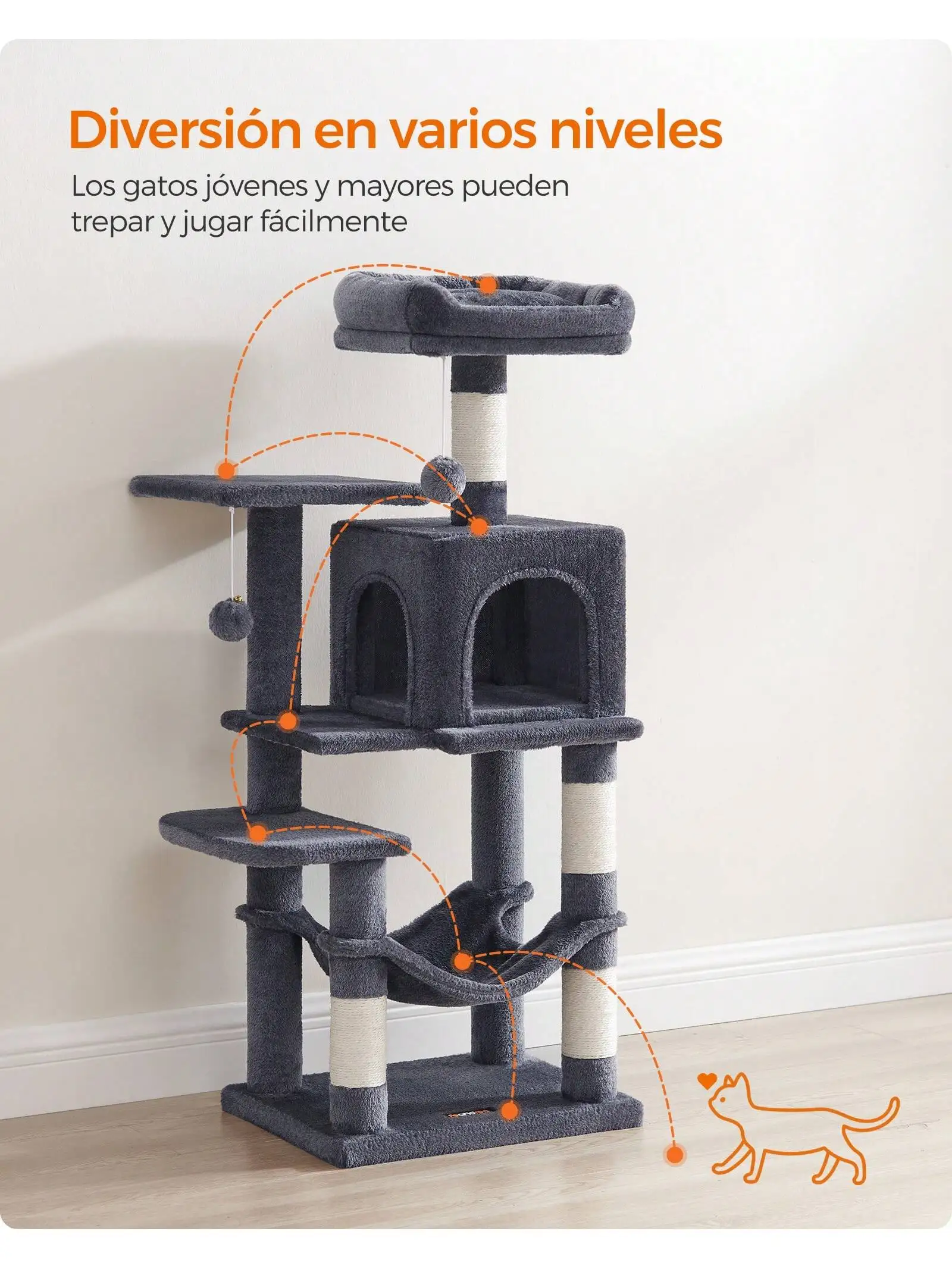 Feandrea 112cm Cat Tower: Plush condo with 4 posts, 2 perches, cave, hammock, pompoms, Smoky Grey.