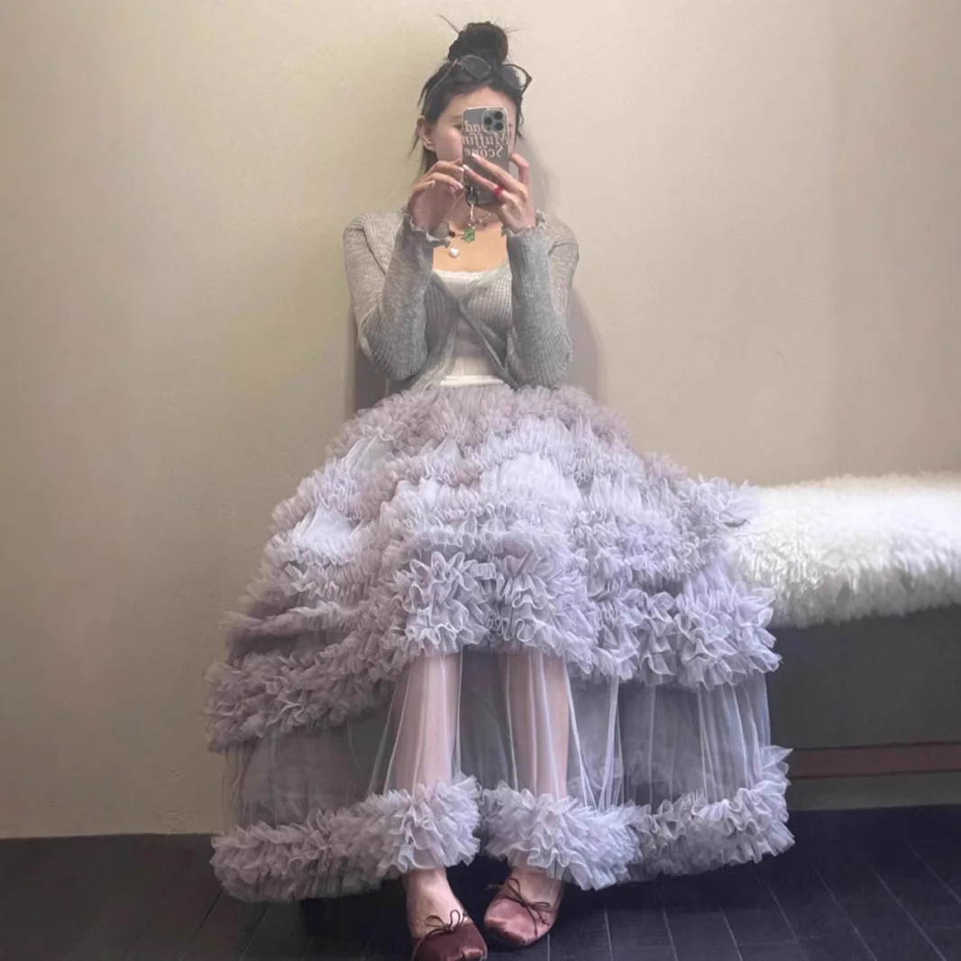 2025 Nieuwe Niche Fee Sfeer Lange Koreaanse Stijl Mesh Patchwork Gelaagde Taart Halve Rok voor Vrouwen Stapelen Damesmode