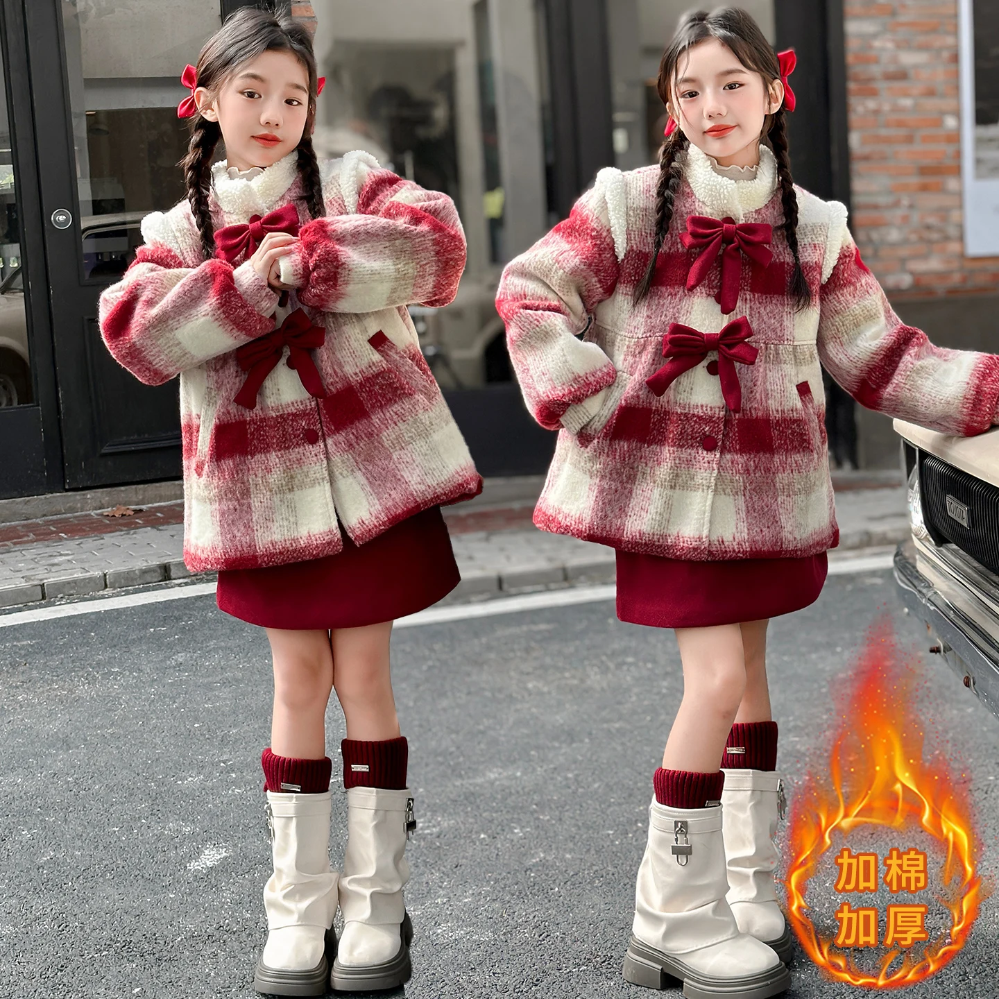 winter red teen girl skirt clothes set plush Classic plaid jacket+skirt 2pcs junior kid suit child outfits vetement enfant fille