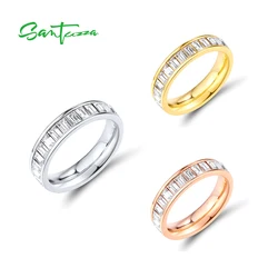 SANTUZZA Elegant Ring For Women Sparkling Rectangle Crystals Concise Eternity Rings Daily Wear Trendy Fashion Jewelry