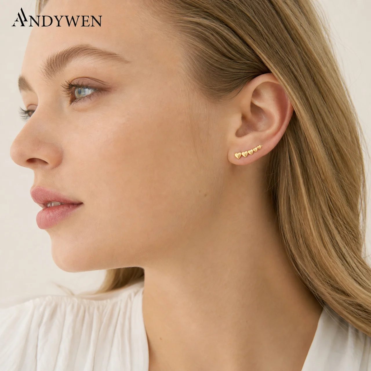 ANDYWEN 925 Sterling Silver Plain Five Heart Shape Climber Stud Earring Piercing 2026 Rock Punk Wedding Women Fashion Jewelry