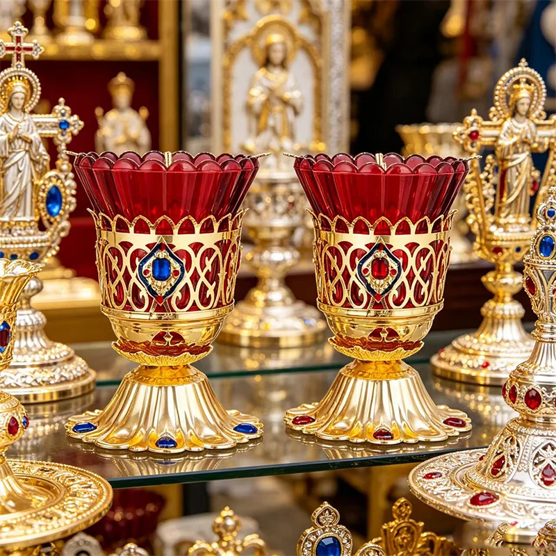 Orthodoxe Vigillampe aus Rotem Glas mit Goldmetall-Kerzenhalter, Verzierte Byzantinische Lampe für Heimaltar, Kirchendekoration, Religiöses Geschenk – Detail 1