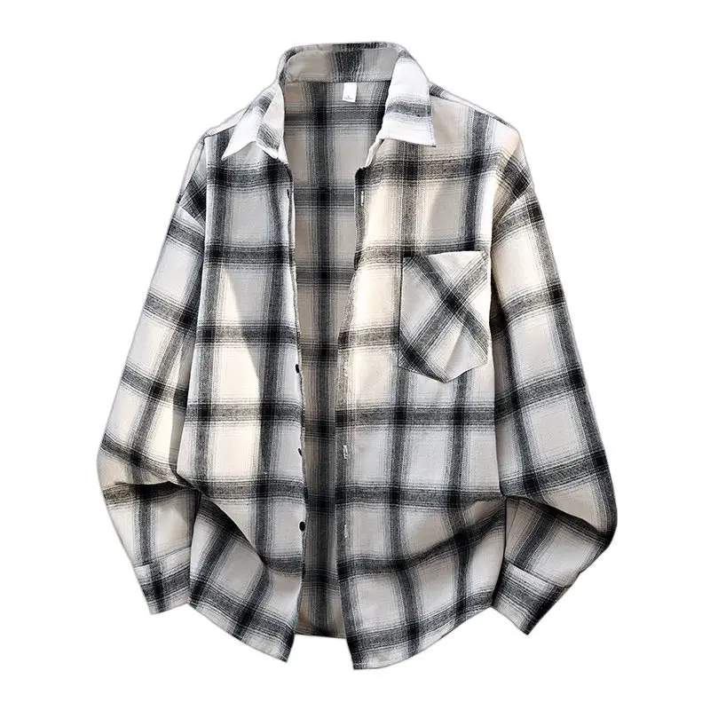 

Мужская свободная рубашка в клетку с длинным рукавом, весенне-осенняя, в японском стиле, ретро, хлопковая, повседневная, деловая, модная, топ