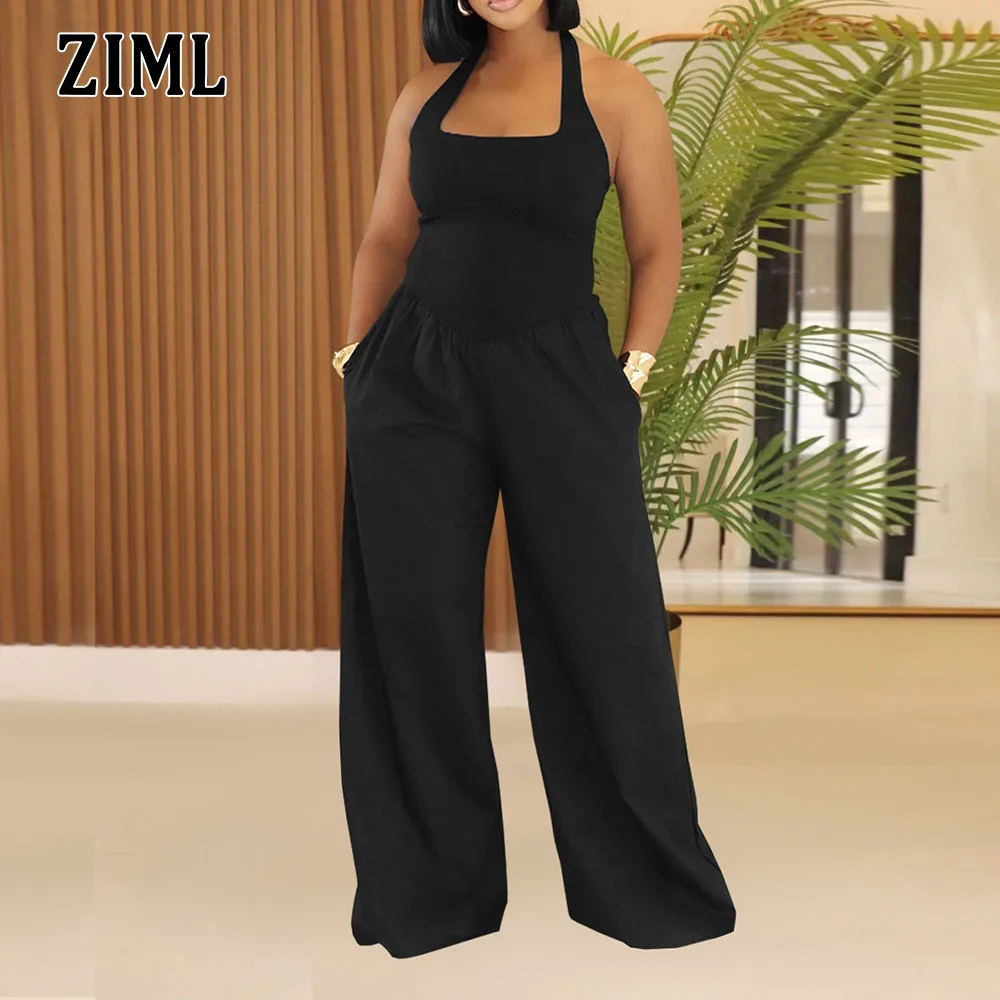 

ZIML Solid Backless Minimalist Casual Jumpsuits for Women Halter Sleeveless High Waist Temperament Jumpsuits Female Style New