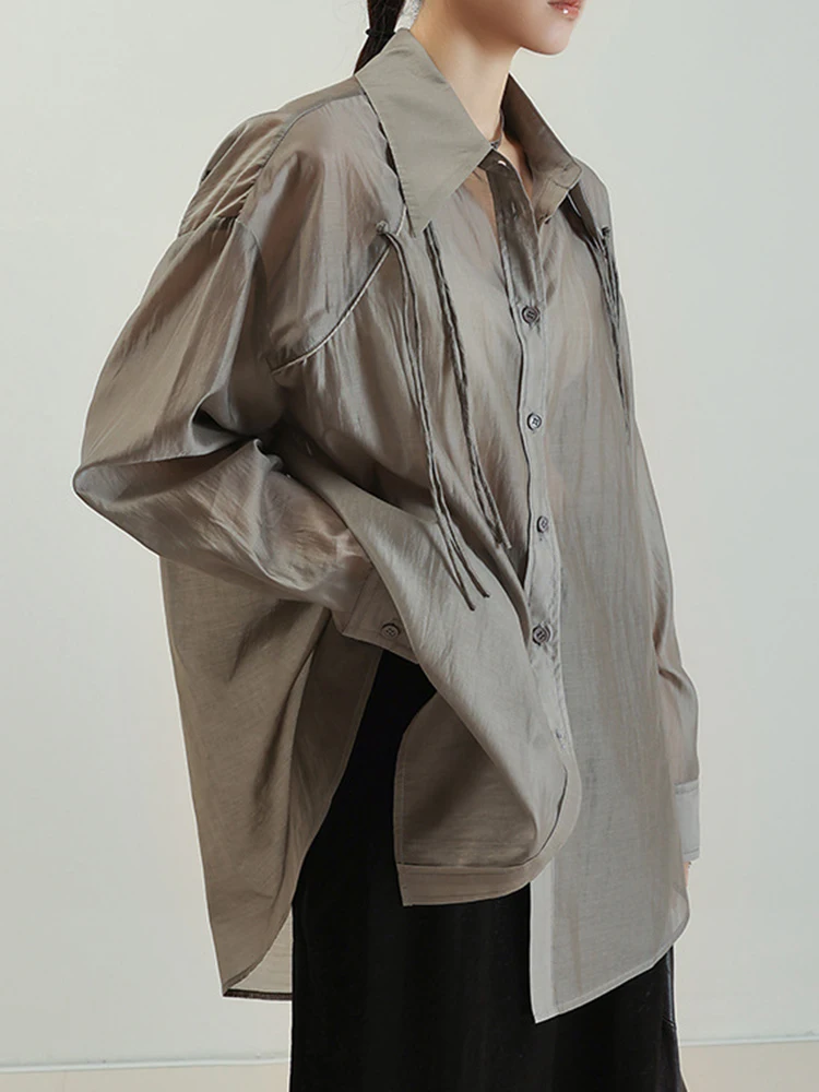 [LANMREM] Perspective Sunscreen Long Sleeve Shirts For Women Lapel Single Breasted Loose Blouses 2024 Summer New 26D9698