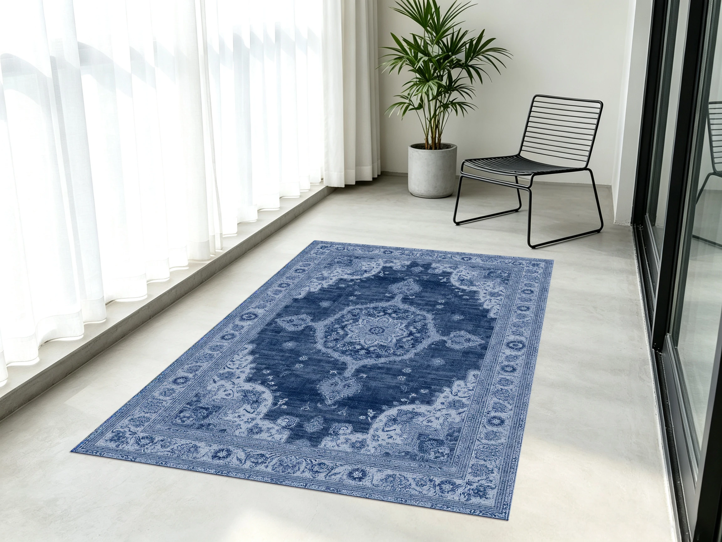Shades‑Of‑Blue Vintage Persian Area Rug, Faded Medallion with Retro Border, for Autumn Winter Home Refresh, Decor for Study and Living Room