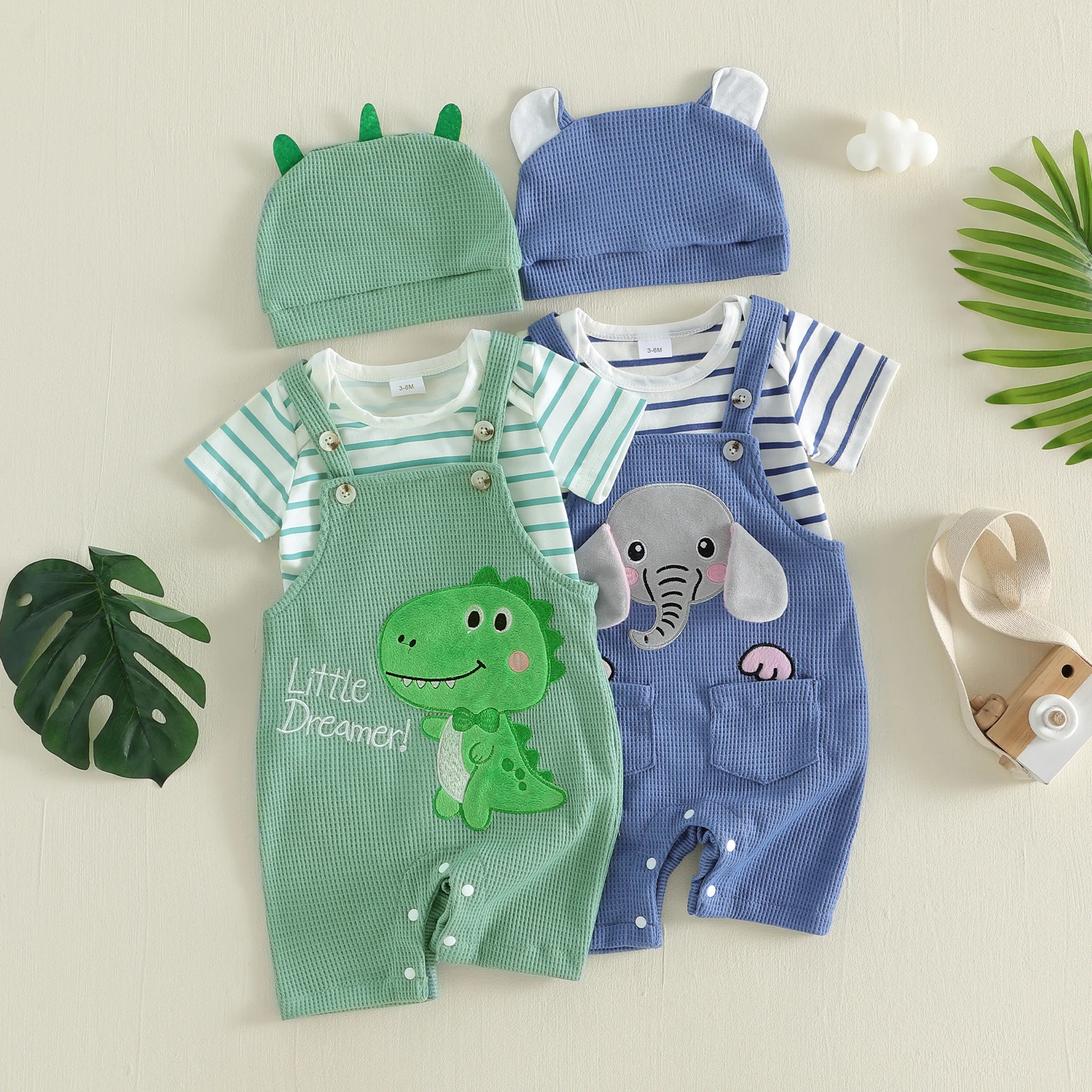Cute Infant Newborn Baby Boys Outfit Striped Short Sleeve Romper Elephant/Dinosaur Embroidered Overall Pants Hat 3 Piece Set
