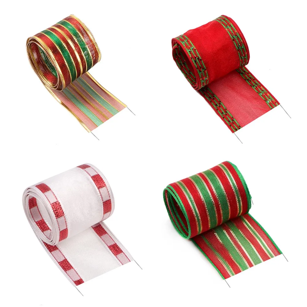 25 Yards 38mm Christmas Ribbon Wire Wire Edge Linen Mesh Ribbon Red Green Snowflake Plaid Ribbon DIY Gift Wrapping Decoration