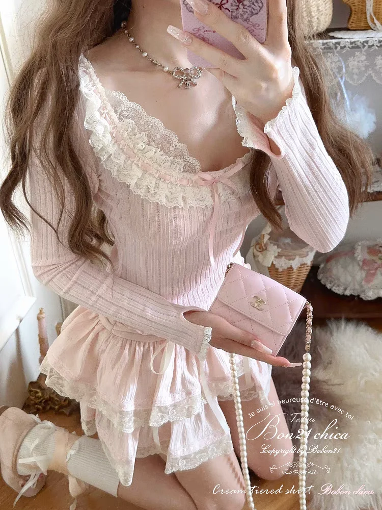 

Princess sweet lolita tops bobon21 Angel Wings Lace Fake Two Piece Sweet Thin Knitted tops T2386