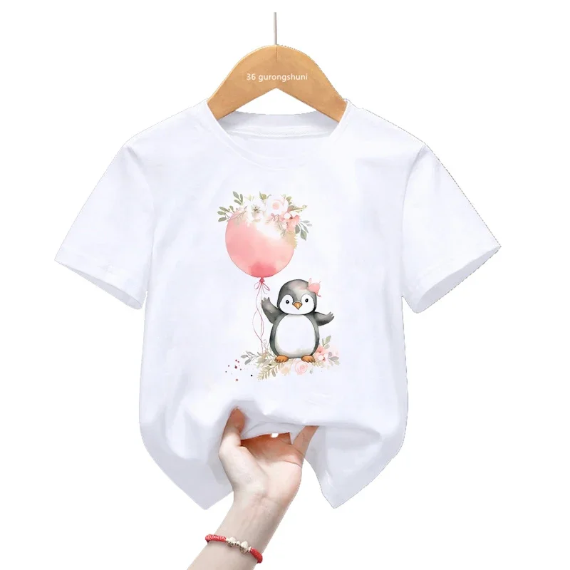 Panda Kawaii Flowers Print T Shirt per ragazze/ragazzi Zebra/Penguin/Deer/Frog Animal Tshirt Cute Kids Clothes Harajuku Shirt