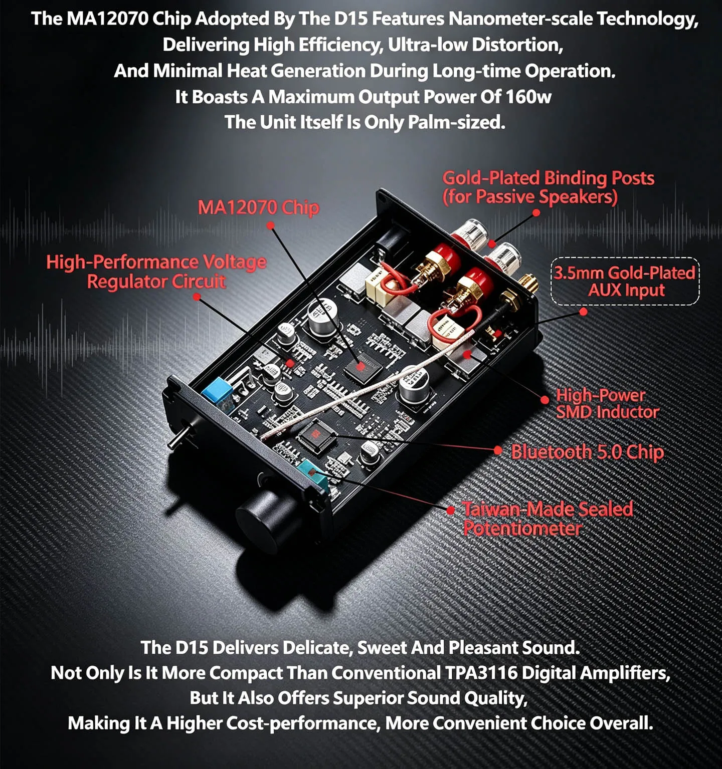 YJCO Bluetooth 5.0 Digitaler Mini-Leistungsverstärker Infineon MA12070P HiFi Low Distortion Home Desktop Stereo Audio Amp D15 – Detail 4