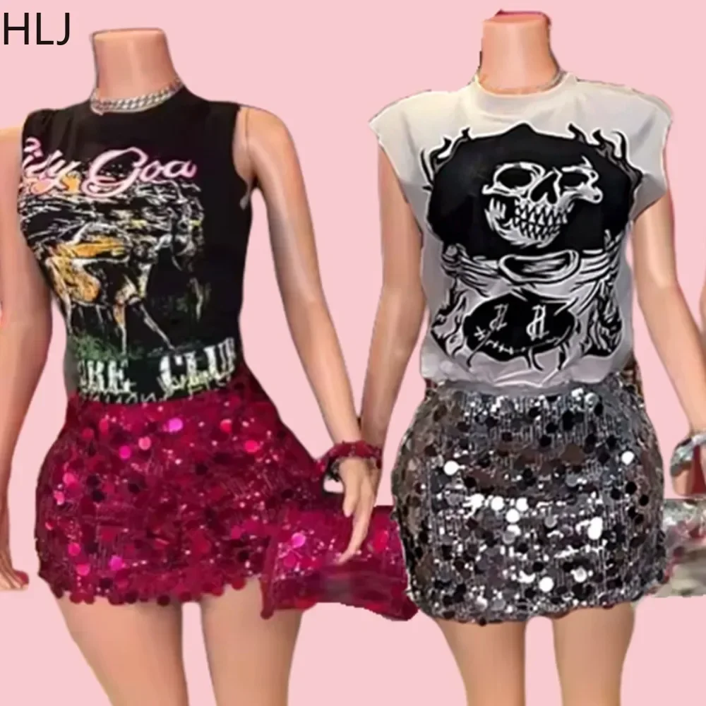 

HLJ Y2K Trend Streetwear Women Graphic Letter Sleeveless Tshirts And Sequin Mini Skirts Two Piece Sets Fashion Club 2pcs Clothes
