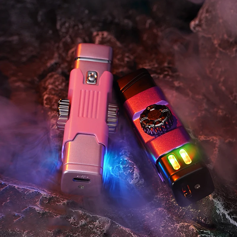 Windproof Double Arc Plasma Rotary Play  Lighter Alloy Body Type-C Fast Charging Color Light Exquisite Bearing  Gift