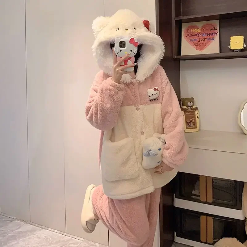 

Hello Kitty Anime Kawaii Ins MINISO Fashion Coral Velvet Thickened Jacket Pants Set Cinnamoroll Cartoon Coat Clothing Gifts Toys