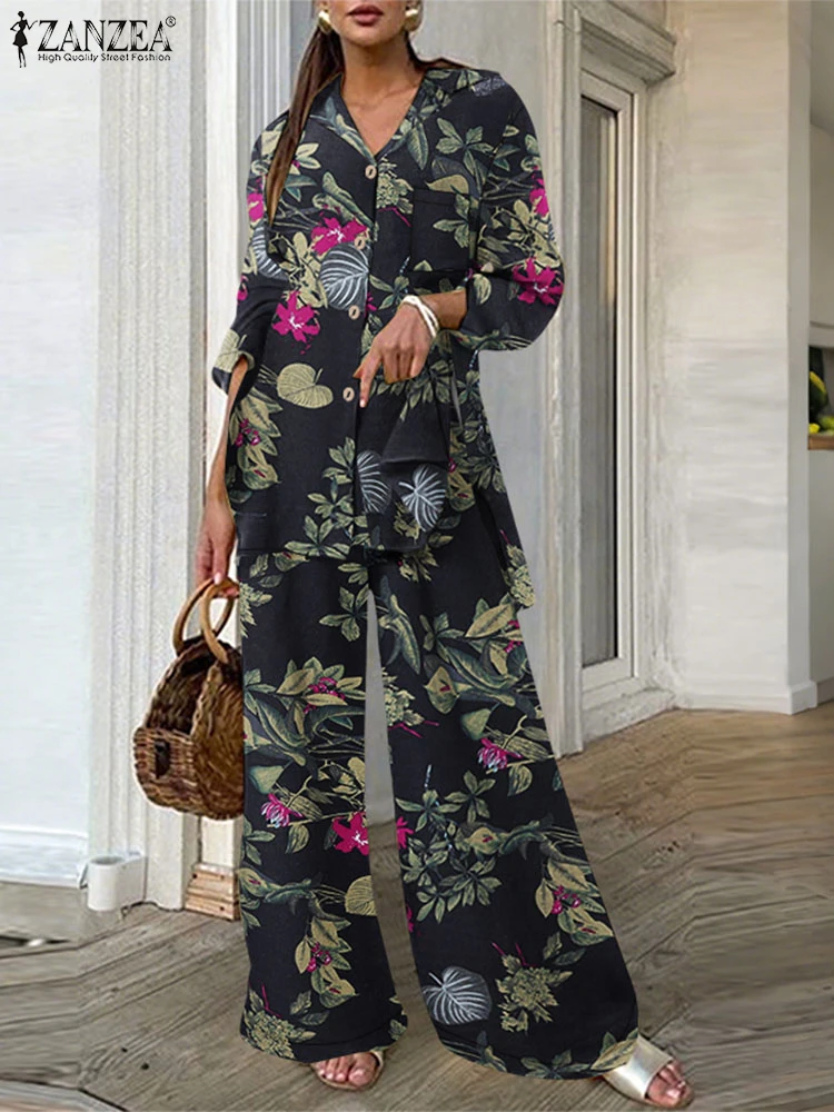 ZANZEA Baumwolle Vintage Passende Sets Frauen Hose Sets Langarm Shirts Breite Bein Hosen Outfit 2025, Casual OL Arbeit Anzüge Übergroßen