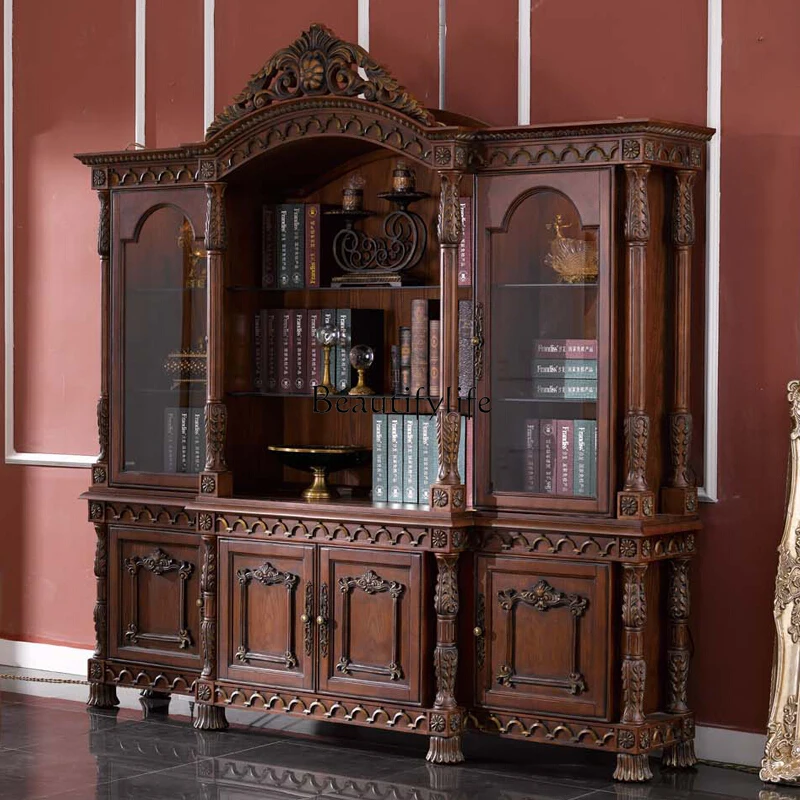 American solid wood retro four-door bookcase European storage decoration living room glass cabinet