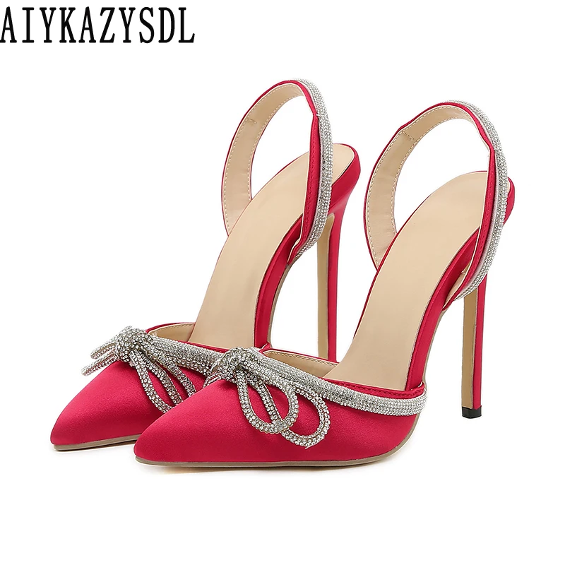 

AIYKAZYSDL Satin Bowknot Butterfly-Knot Pumps Women Rhinestone Crystal Slingback Shoes Point Toe High Heel Wedding Stiletto